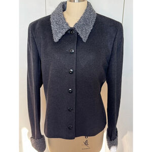 Women's Greta Garbo classic Gray Wool Blend Coat Size 14 Sherpa collar & cuffs